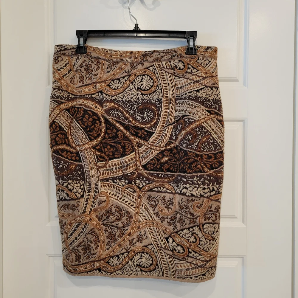 Peruvian Connection Pima Cotton Knit Pencil Skirt Brown Paisley Floral Size LARG